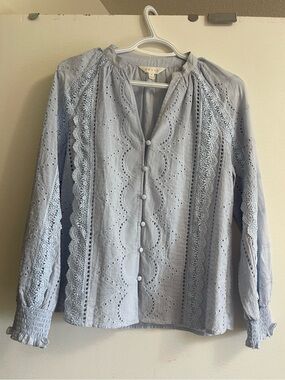 Light Blue Eyelet Lace Button-Up Blouse